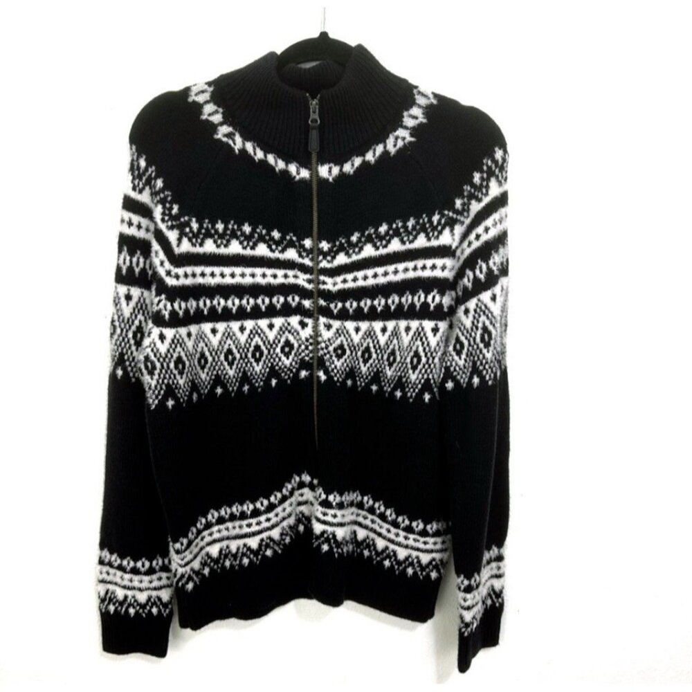 Sundance Fenn Fair Isle Sweater Zip Front Cardigan Black White Size M Cabincore